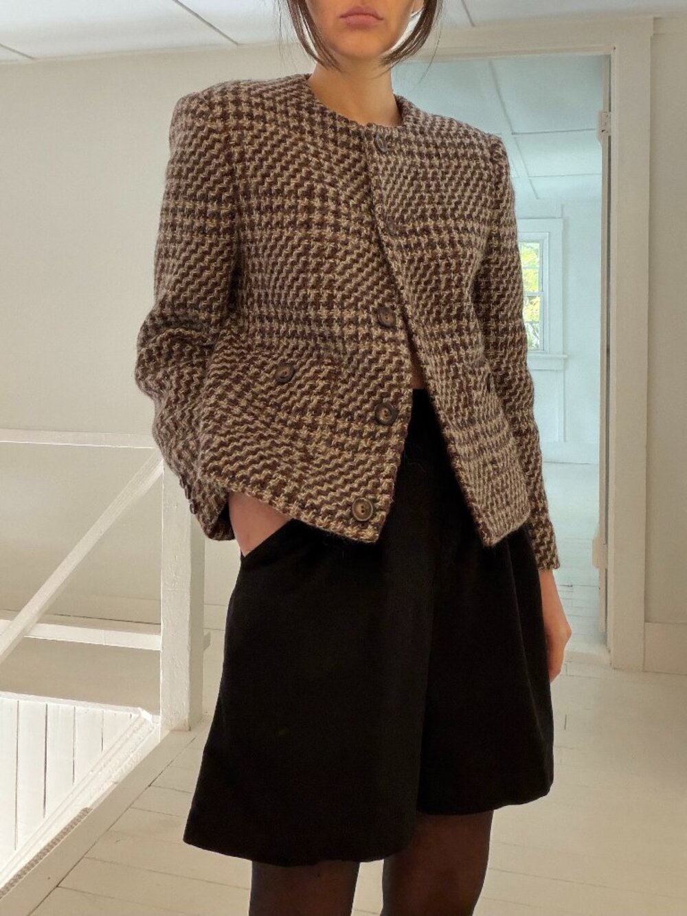 Herbert Grossman Vintage 90s Wool Houndstooth Collarless Blazer Jacket Size 8